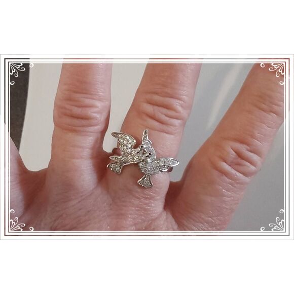 Pretty 925 Sterling Sparkling Sim Diamond Kiss Kiss Birds of Paradise Ring Sz 10 - Picture 5 of 5